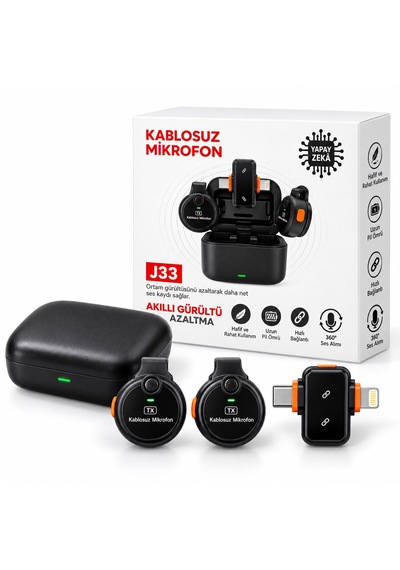 J33 Kablosuz Yaka Mikrofonu 30 Metre Menzil Kablosuz İletim 24 Saat Pil Çift Mikrofon Yapay Zeka Destekli Gürültü Engelleme 360 Derece Ses Algılama Tyep-c Ve Lightning Uyumlu-vlog-canlı Yayın-röportaj