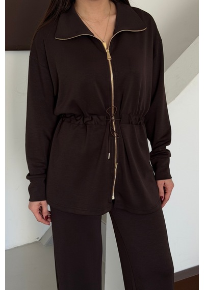 Balenbi Oversize Fermuarlı Beli Bağcıklı Polo Yaka Modal Kadın Takım 1196 - Form Serisi Kahverengi Balenbi Oversize Fermuarlı Beli Bağcıklı Polo Yaka Modal Kadın Takım 1196 - Form Serisi Kahverengi