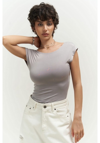 Mai Collection 2738 - Nives Sırt Dekolteli Gri Crop Gri