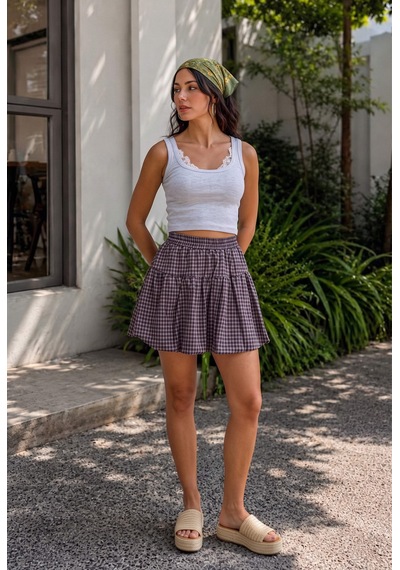 Kadın Mor Ekose Mini İçi Şortlu Etek