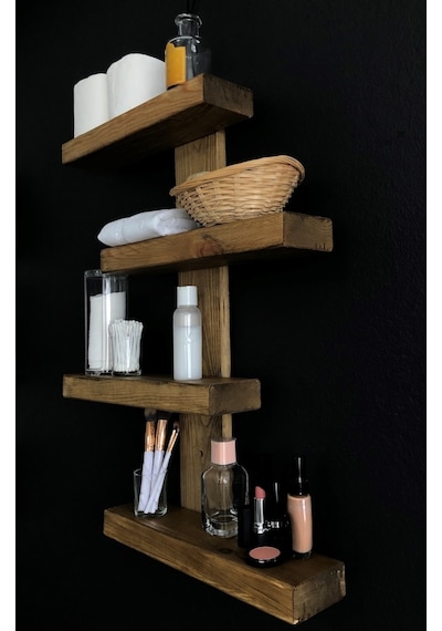 O&Awood Doğal Ahşap Dekoratif Minimal Duvar Rafı,4 Katlı Vintage, Retro A (497958420)