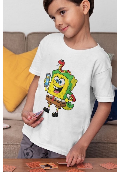 Sevbano Tasarım Süngerbob Baskılı Unisex Çizgi Film Çocuk Tişört 1-12 Ya Beyaz