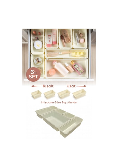6'lı Set Ayarlanabilir Çekmece Içi Düzenleyici Kutu Uzayıp Kısalabilen Organizer Seti 3a1b1c1d Krem