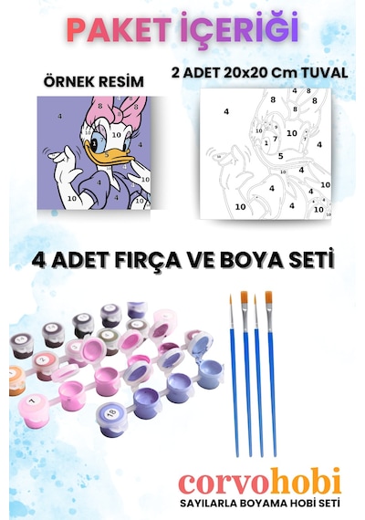 Sayılarla Boyama 20x20 Cm İkili Tuval Seti Fırça Boya Dahil - Mickey Çift Sevgiliye Hediye