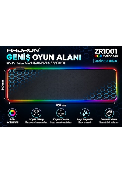 Hadron Zr1001 Mavi Petek Desenli Rgb Ledli Mouse Pad 300 X 800 Mm