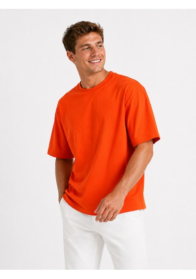 Vasto Moda Erkek Oversize Kalın Dokulu %100 Organik Pamuk Bisiklet Ribana Yakalı Turuncu T-shirt