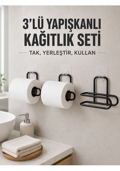 3 Lü Siyah Duvar Tipi Kağıtlık Seti Yapışkanlı Pratik Rulo Tutucu Diğer
