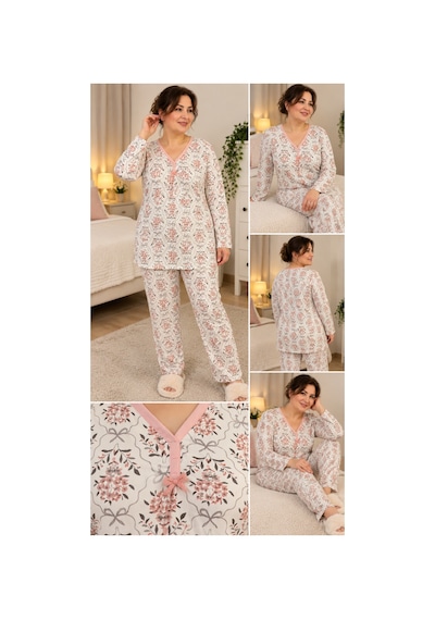 Üç Gül Ticaret Kadın Çiçek Desenli Pijama Takımı Uzun Kollu, Pembe Biye Detaylı Beyaz Beyaz