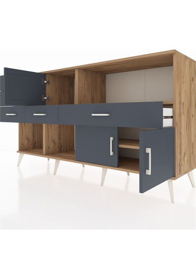 Kronos Konsol 2 Raflı 5 Çekmeceli 3 Kapaklı 176x59x99 Çam-antrasi Çam-antrasit