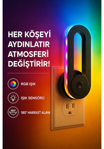 Rgb Akıllı Gece Lambası, Işık Sensörlü 180 Dönebilen Dekoratif Duvar Priz Lambası, Dokunmatik Kontrollü Renkli Ortam Aydınlatması, Yatak Odası Koridor Çocuk Odası İçin Gece Işığı Siyah