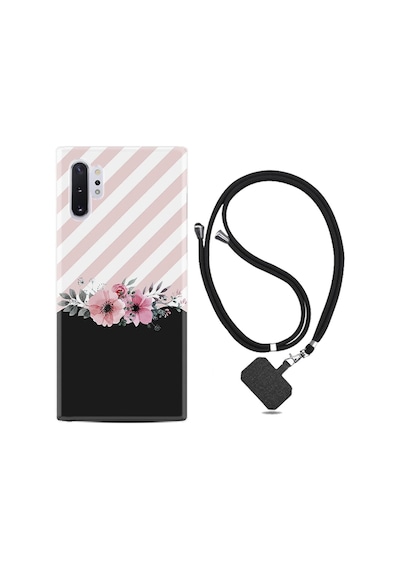 Samsung Galaxy Uyumlu Note 10 Plus Kılıf Desenli Silikon Boyun Askılı Strip Pink Flowers 1396