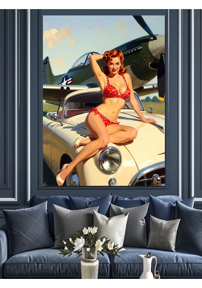 Ahşap Tablo Pin-up Kız Ve Retro Araba