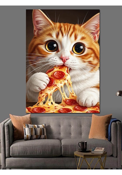 Pizza Yiyen Sevimli Kedi Dekoratif Kanvas - Mdf Ahşap Tablo