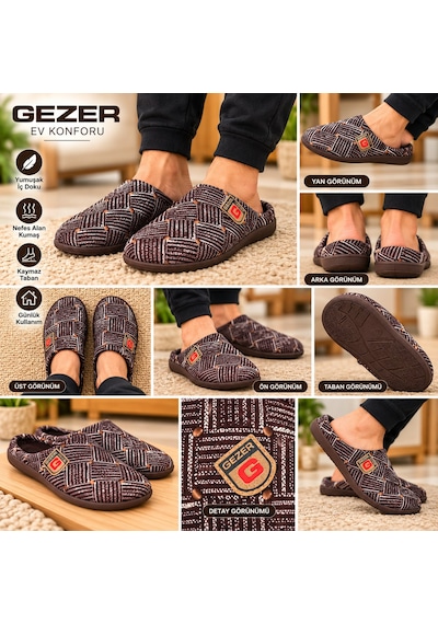 Gezer Erkek Ev Terliği Kahverengi Desenli Rahat Tabanlı Günlük Kullanım Terliği