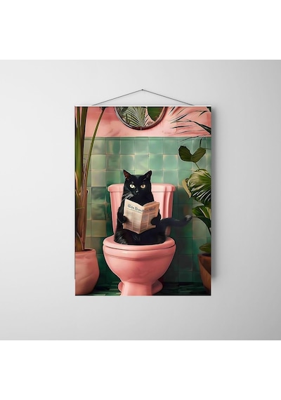 "tuvalette Gazete Okuyan Siyah Kedi Duvar Posteri Eğlenceli Dekoratif Tasarım-çerçevesiz