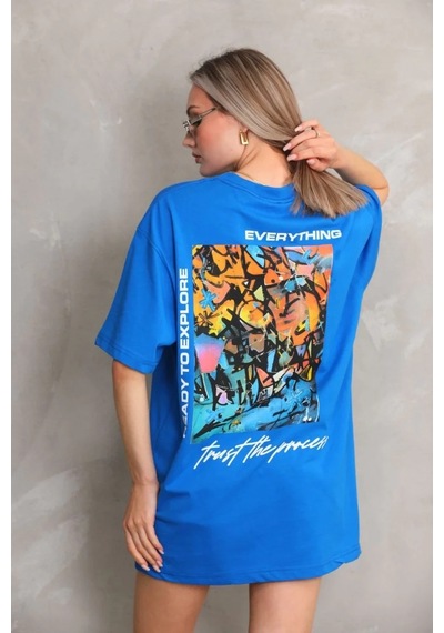 Kadın Bisiklet Yaka Baskılı Oversize T-shirt - Mavi Mavi
