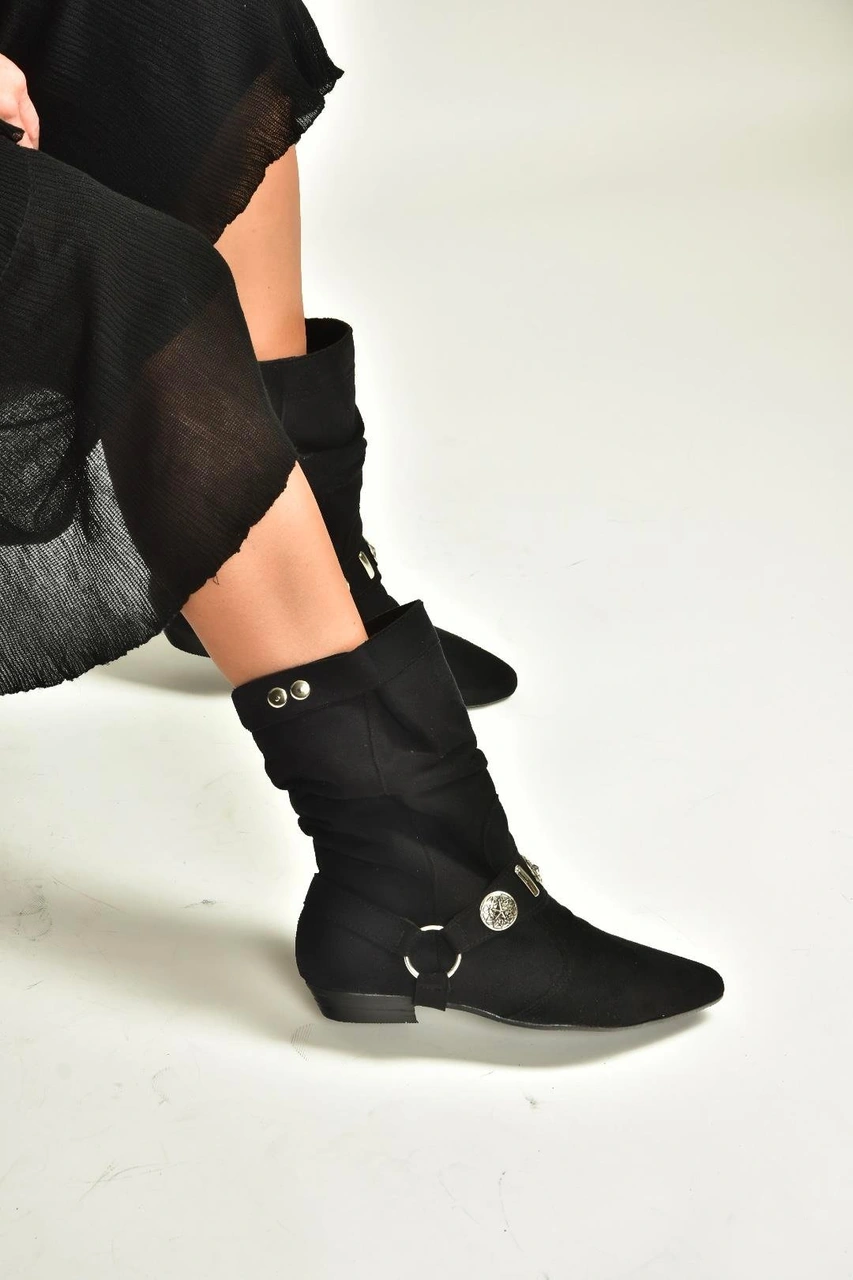Fox Shoes V380519002 Siyah Süet Düz Tabanlı Rahat Kalıp Kadın Bot Siyah-Süet