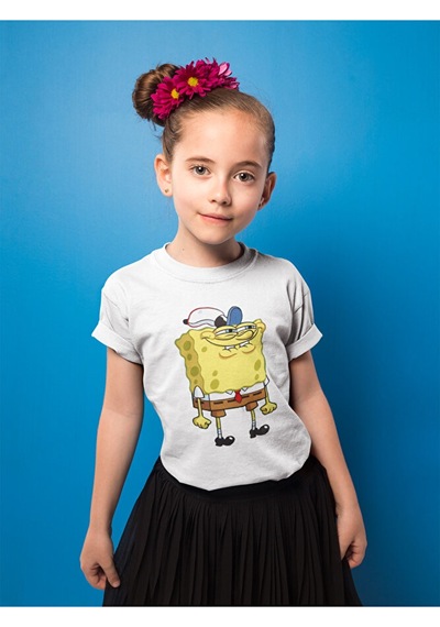Sevbano Unisex Süngerbob Baskılı Çizgi Film Çocuk Tişört 1-12 Yaş Beyaz