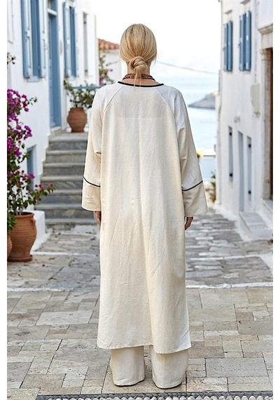 Genel Bej Siyah Bordürlü Keten Kimono Pantolon Takım