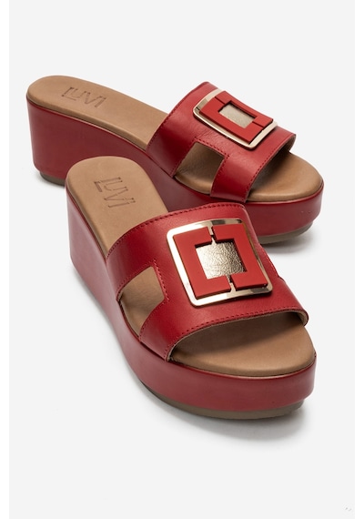 Luvi Shoes Hıola Kırmızı Hakiki Deri Tokalı Kadın Dolgu Topuklu Terlik