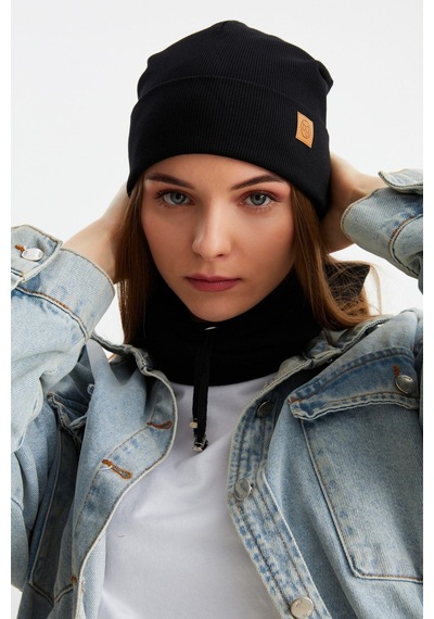 Butikgiz Kadın Balıkçı Style Pamuklu Kaşkorse Terletmez Ultra Hafif Yumuşak Bere Boyunluk Takım Siyah