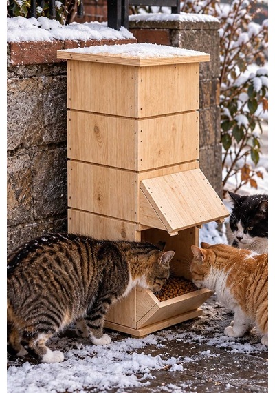 Reyo Ahşap Mama İstasyonu Yağmura ve Rüzgara Dayanıklı Uzun Ömürlü Sokak Kedileri İçin Mama Kabı 50 x 25 x 25 CM MLDCAT Monteli Teslimat