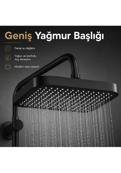 Manasır Mat Siyah Premium Lük Tepe Duş Seti