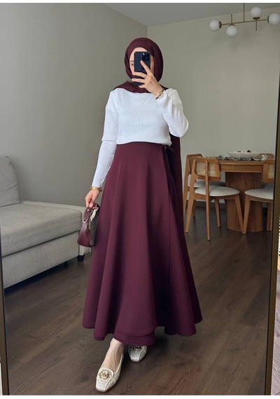 Unika Boutique Kadın Yandan Bağlamalı Tesettür Uzun Kot Etek Bordo