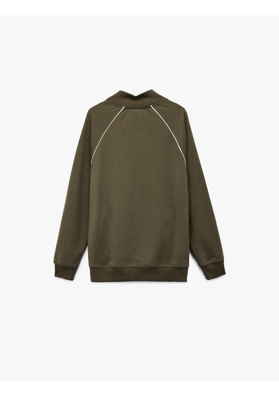 Koton Uzun Kollu Çizgi Detaylı Cepli Pamuklu Dik Yaka Fermuarlı Sweatshirt Haki 6wam70088mk