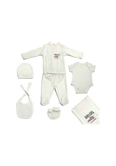 Babysena Organik Pamuk Yenidoğan Kız Bebek 7 Parça Hastane Çıkış Seti Beyaz