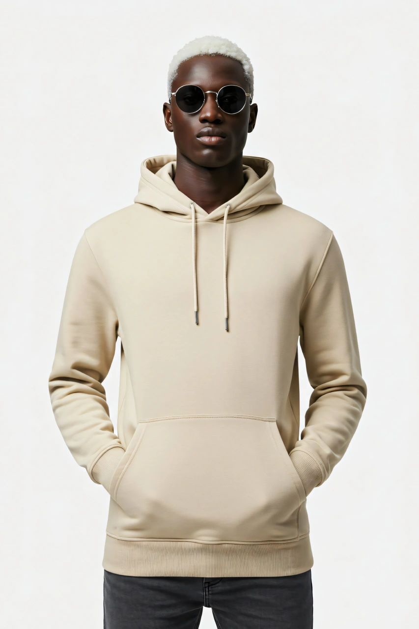 Erkek Oversize %100 Pamuk Yüksek Kalite Erkek Kapüşonlu Sweatshirt Bej