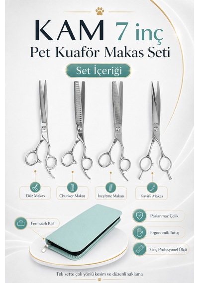 Kam 7 İnç Pet Kuaförlüğü İçin Başlangıç Köpek Tıraş Makas Seti 4 Parça