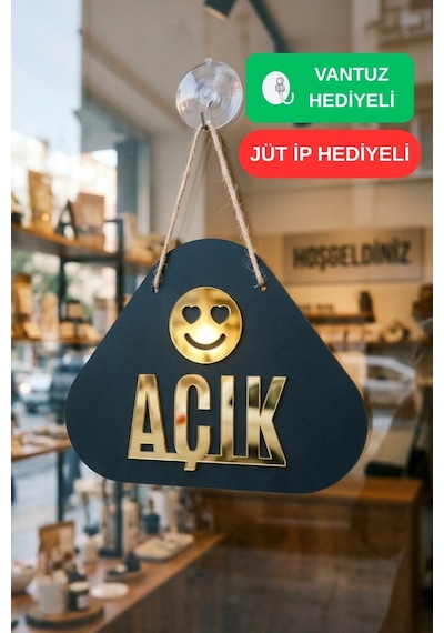 Ahşap Üzeri Gold Aynalı Pleksi Emoji Figürlü Açık-kapalı Tabelası