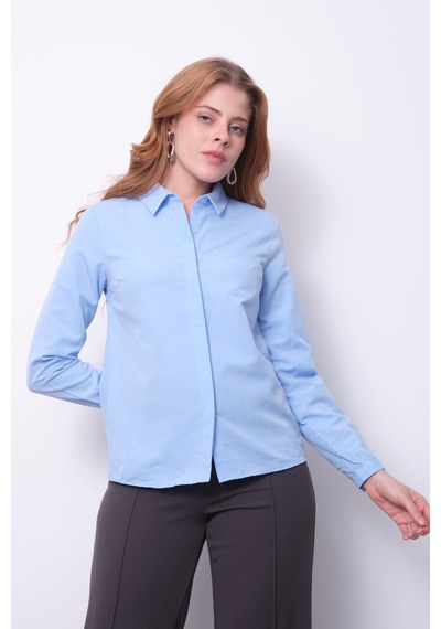 Pera Moda Kadın Basic Gizli Düğme Özellikli Gömlek Mavi
