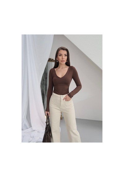 Paw Garage Kadın V Yaka Polyamid Bodysuit Kahverengı