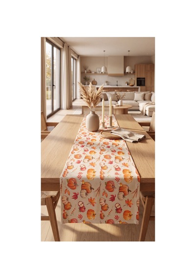 Duck Kumaş Bal Kabak Desenli Runner Su İtici, Leke Tutmaz, Sonbahar Dekoratif Runner Turuncu - 906405880 Turuncu