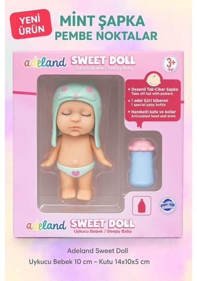 Adeland Sweet Doll Uykucu Bebek 10 Cm Kutu 14 10 5 Cm Mint Şapka - Pembe Noktalar