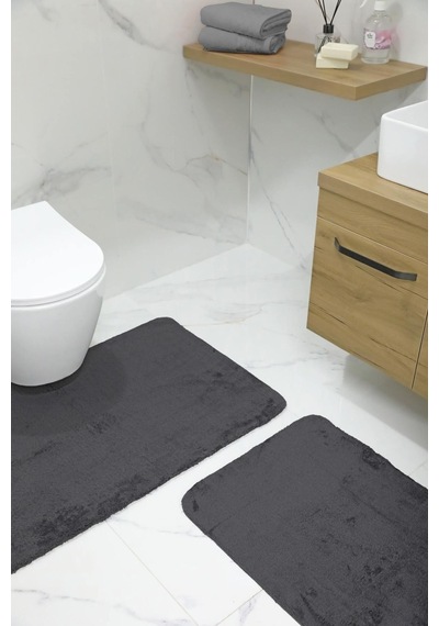 2'li Kaydırmaz Peluş Banyo Paspası Banyo Klozet Takımı Klozet Paspas Takımı - Antrasit