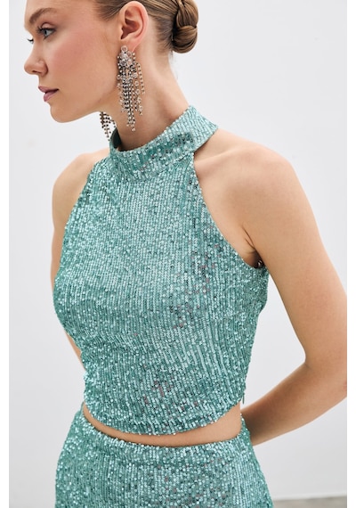 Sateen Kolsuz Payetli Bluz - Mint-135517 Mint