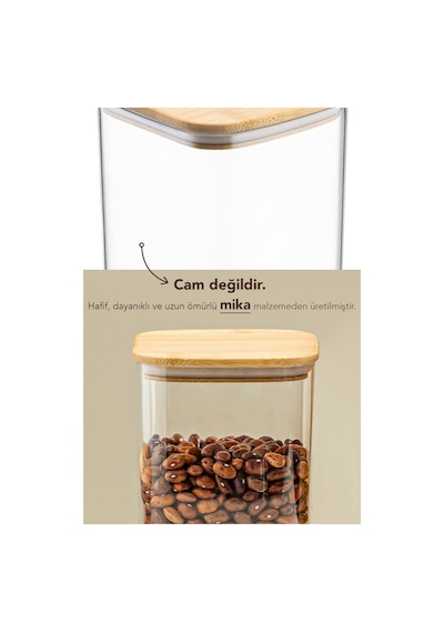 6'lı Bambu Kapak Aura Kare Saklama Kabı - 2100 Ml Vakum Kapaklı Hava Almaz Bakliyat Erzak Un Kabı Bej
