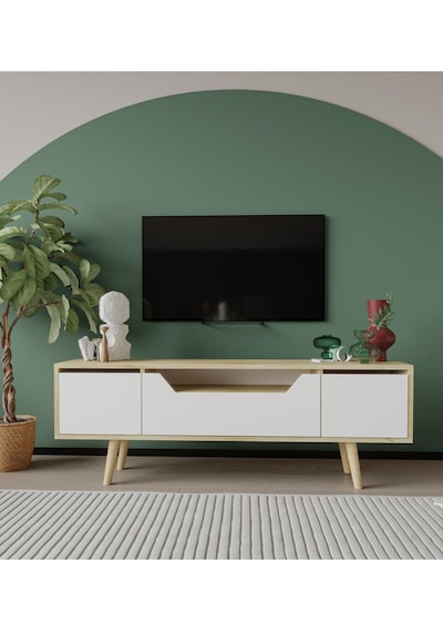 Roma Ahşap Ayaklı Tv Ünitesi Tv Sehpası Safir Meşe-beyaz 150 Cm