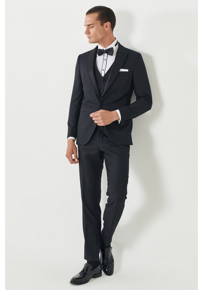 Ac&Co / Altınyıldız Classics Slim Fit Dar Kesim Kırlangıç Yaka Desenli Yelekli Smokin Takım Lacivert