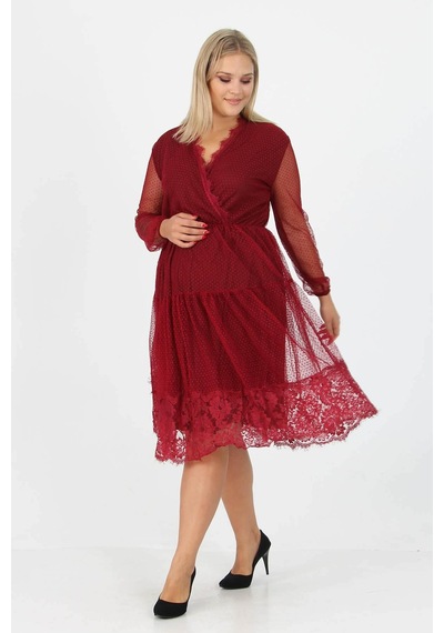 Dip Moda Kadın Astarlı Tül Büyük Beden Elbise Dpapcx14 Bordo