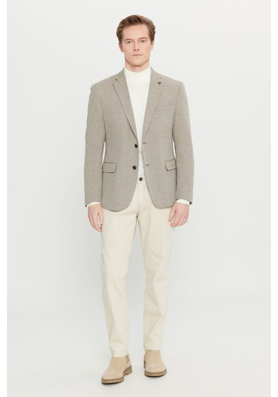 Premıum Altınyıldız Erkek Bej Yünlü Regular Fit Mono Yaka Kapak Cepli Armürlü Blazer Ceket