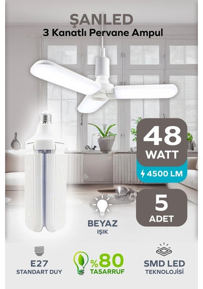 3 Kanatlı Pervane 48w Ampul Beyaz Işık- 5 Adettir 5 Adet