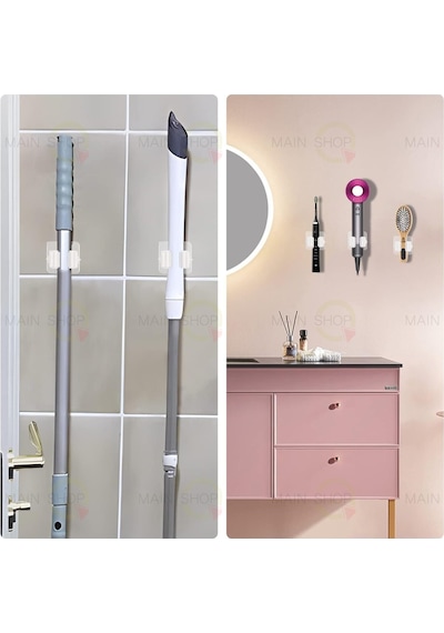 Mainshop Yapışkanlı Pratik Mop Temizlik Fırçası Tutucu Asma Askı Aparatı Paspas Sapı Tutucu 4 Adet M-310 Beyaz