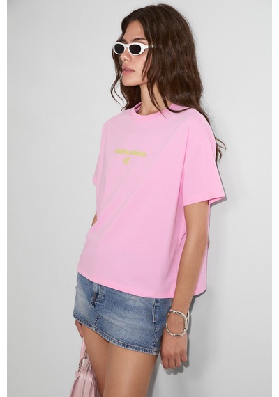 Grımelange Fıneste Kadın Yumuşak Kumaşlı %100 Organik Pamuklu Baskı Detaylı Pembe T-shirt
