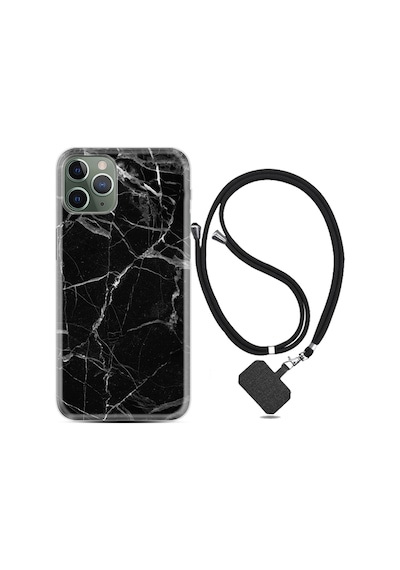 Apple Uyumlu iPhone 13 Pro Kılıf Boyun Askılı Fragile Black Mermer 1378