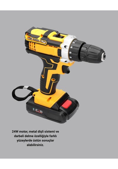 Hubrendy Tekno Şarjlı Darbeli Matkap Seti 2 Bataryalı, 24w Güç, 24 Parça Aksesuar, Led Işıklı