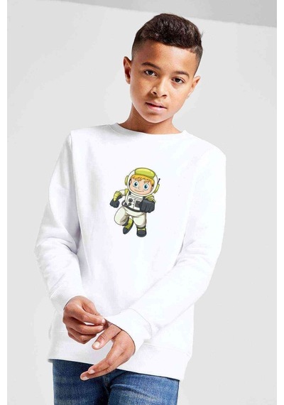 Tshirthane Astronot Çocuk Baskılı Unisex Çocuk Beyaz Sweatshirt